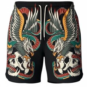 Rebel Vengeance Mens Black Eagle Skull Snake Graphic Swim Trunks Shorts 2XL NWT